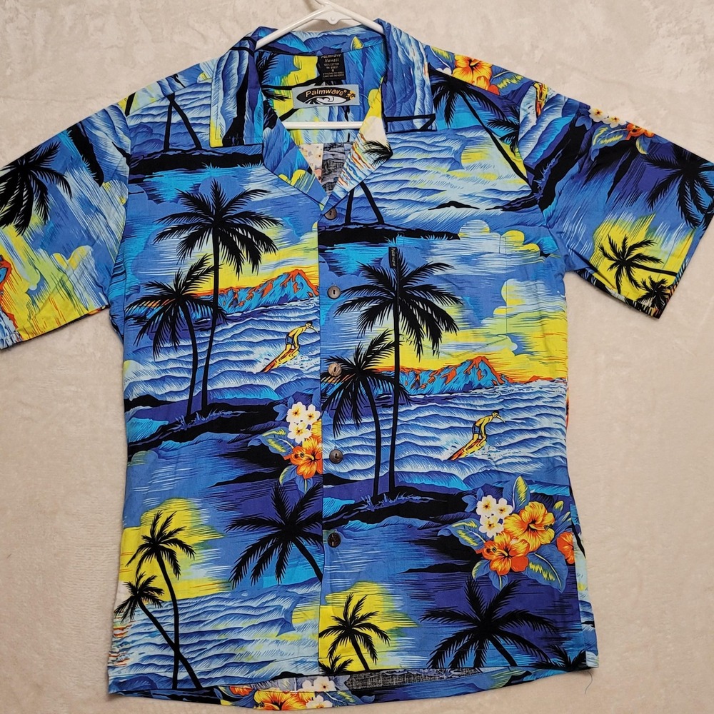 Palmwave Hawaii Shirt Mens Small Blue Hawaiian Aloha Camp Collar Button Front
